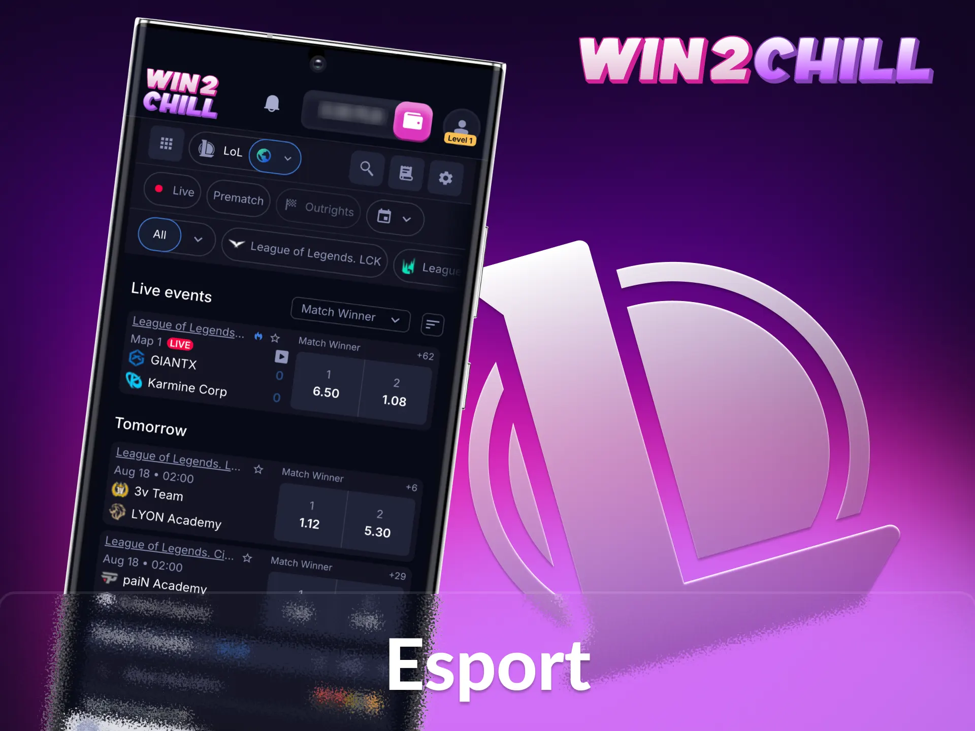 Aplikacja Win2Chill oferuje szeroką gamę turniejów e-sportowych.