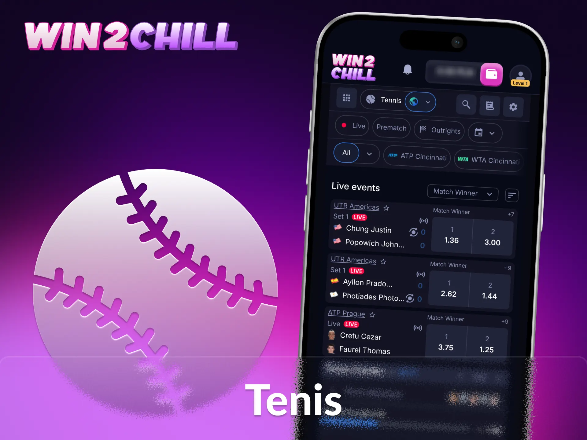 Możesz obstawiać mecze tenisowe w aplikacji Win2Chill.