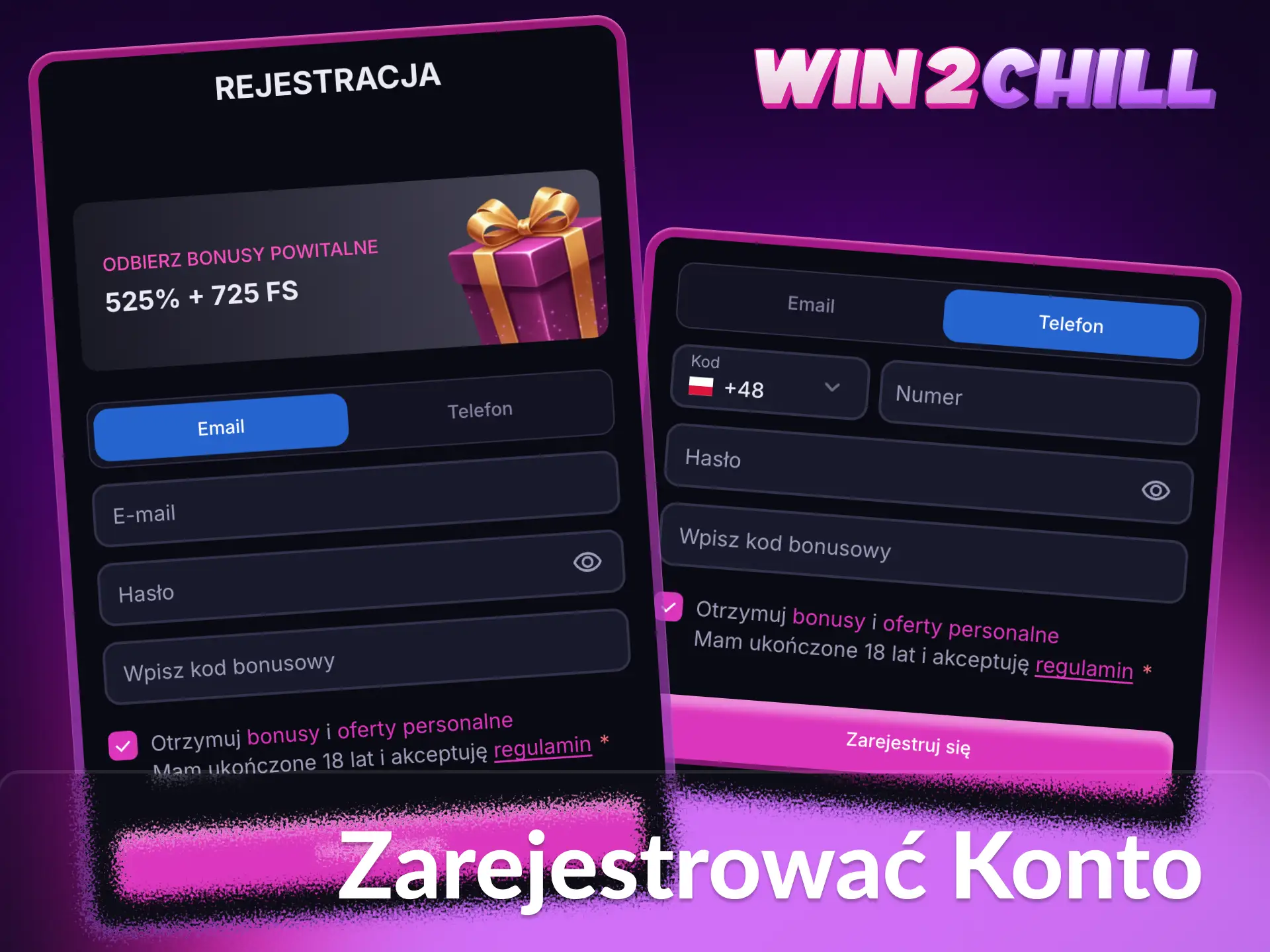 Wykonaj poniższe kroki, aby utworzyć konto na platformie Win2Chill.