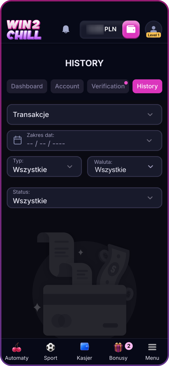 Przejdź do sekcji swojego konta Win2Chill i sprawdź swoje transakcje.