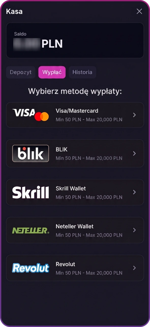 Wybierz metodę wypłaty w sekcji wypłat Win2Chill.