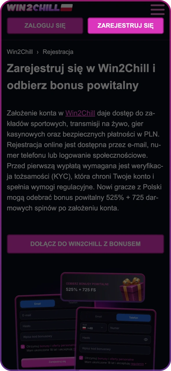 Kliknij przycisk na stronie Win2Chill, aby otworzyć formularz rejestracyjny.