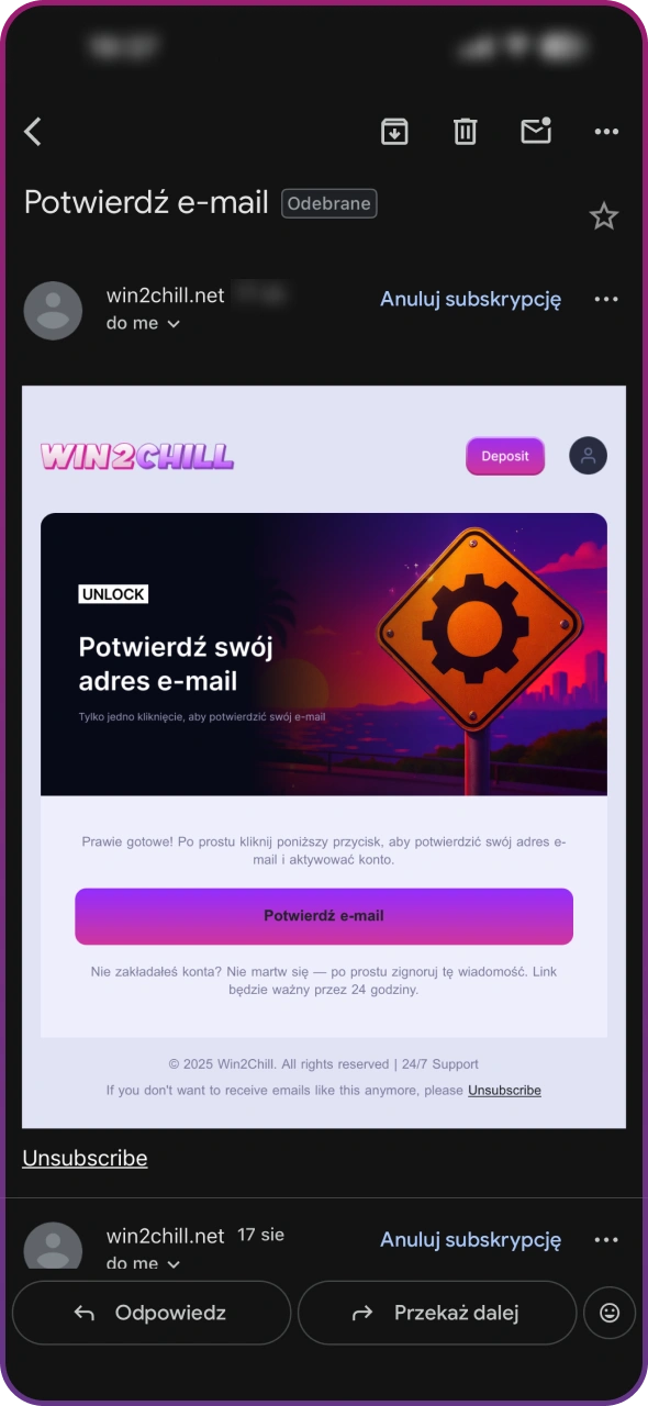 Zweryfikuj swój adres e-mail za pomocą linku udostępnionego przez Win2Chill.