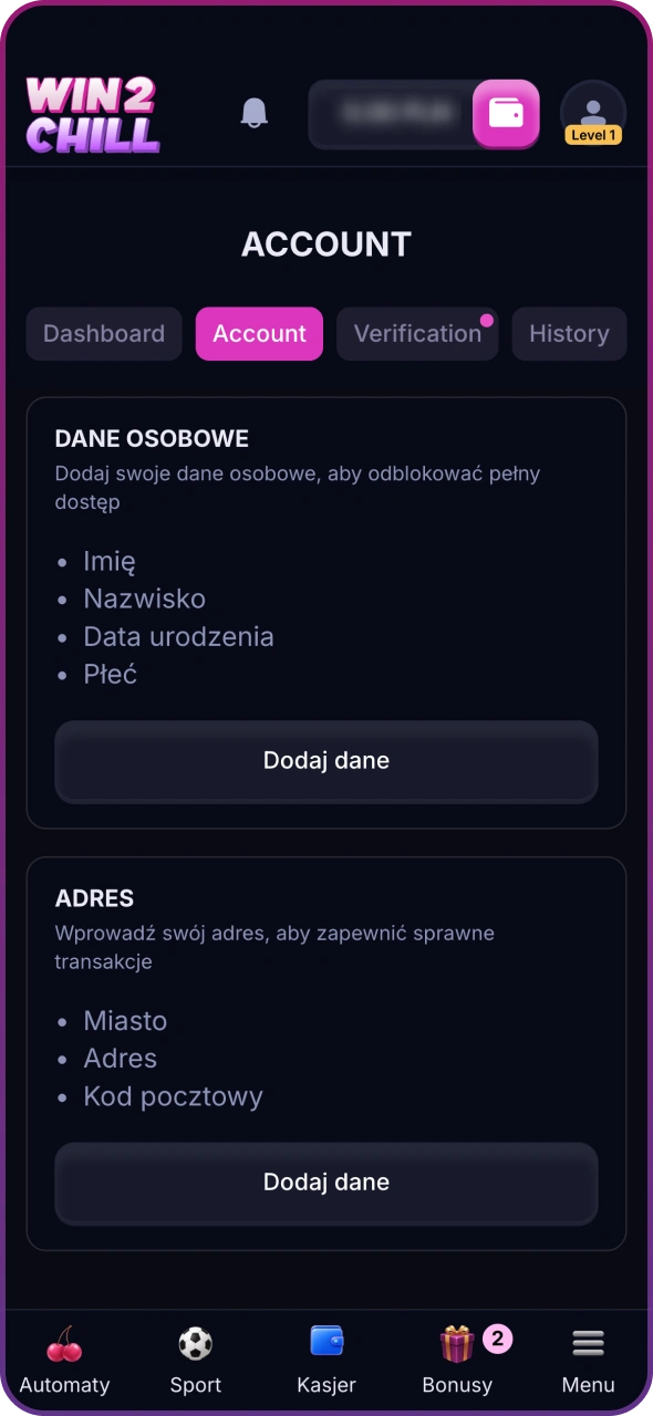 Uzupełnij swoje dane osobowe w profilu Win2Chill.