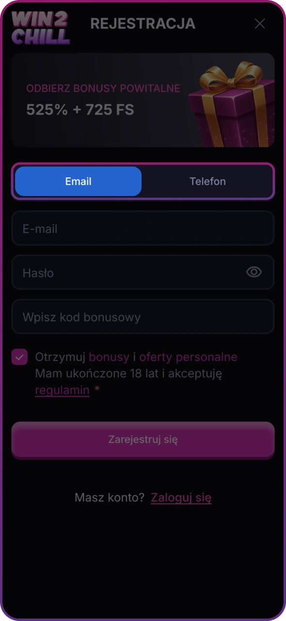 Wybierz metodę rejestracji na platformie online Win2Chill.