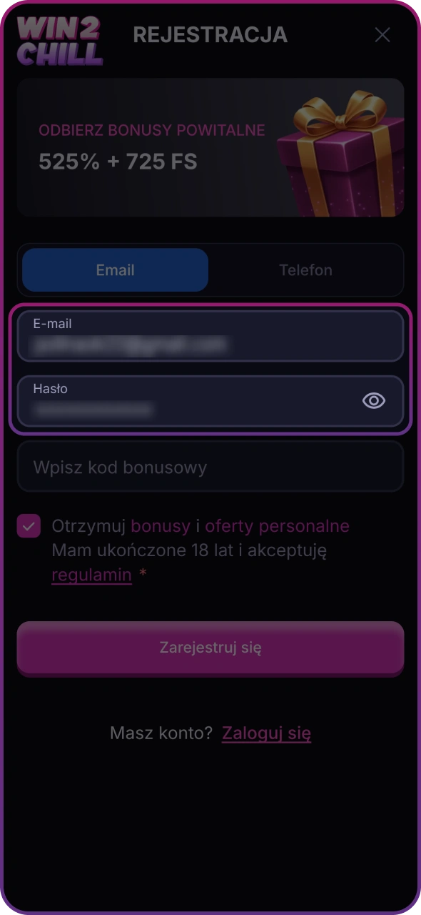Wypełnij formularz rejestracyjny Win2Chill swoimi danymi osobowymi.